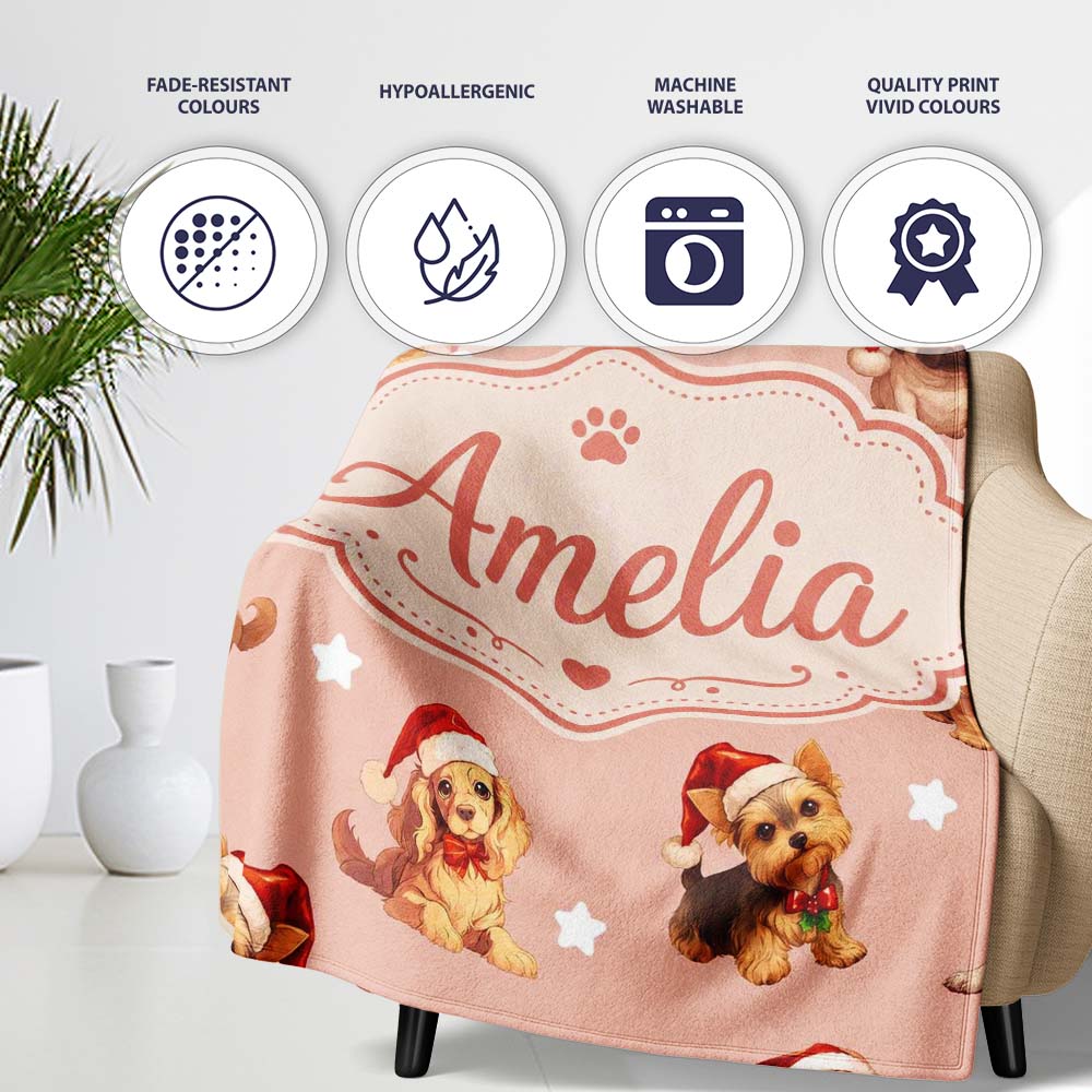 Cute Christmas Dogs Santa Hat Peach Background Seamless Pattern Name Personalised Custom Name Super Soft Fleece Blanket Bed Sofa Throw