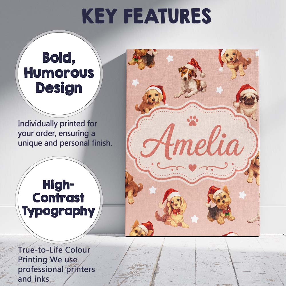 Personalised Name Cute Christmas Dogs Santa Custom Bespoke Interior Contemporary Canvas Wall Art Print Decor Picture Ready to Hang