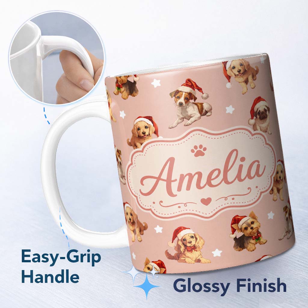 Personalized Custom Name Cute Christmas Dogs Santa Hat Peach Background Seamless Pattern Name 11oz Ceramic Coffee Tea Mug White Large Handle