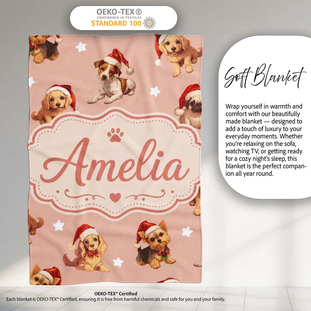 Cute Christmas Dogs Santa Hat Peach Background Seamless Pattern Name Personalised Custom Name Super Soft Fleece Blanket Bed Sofa Throw