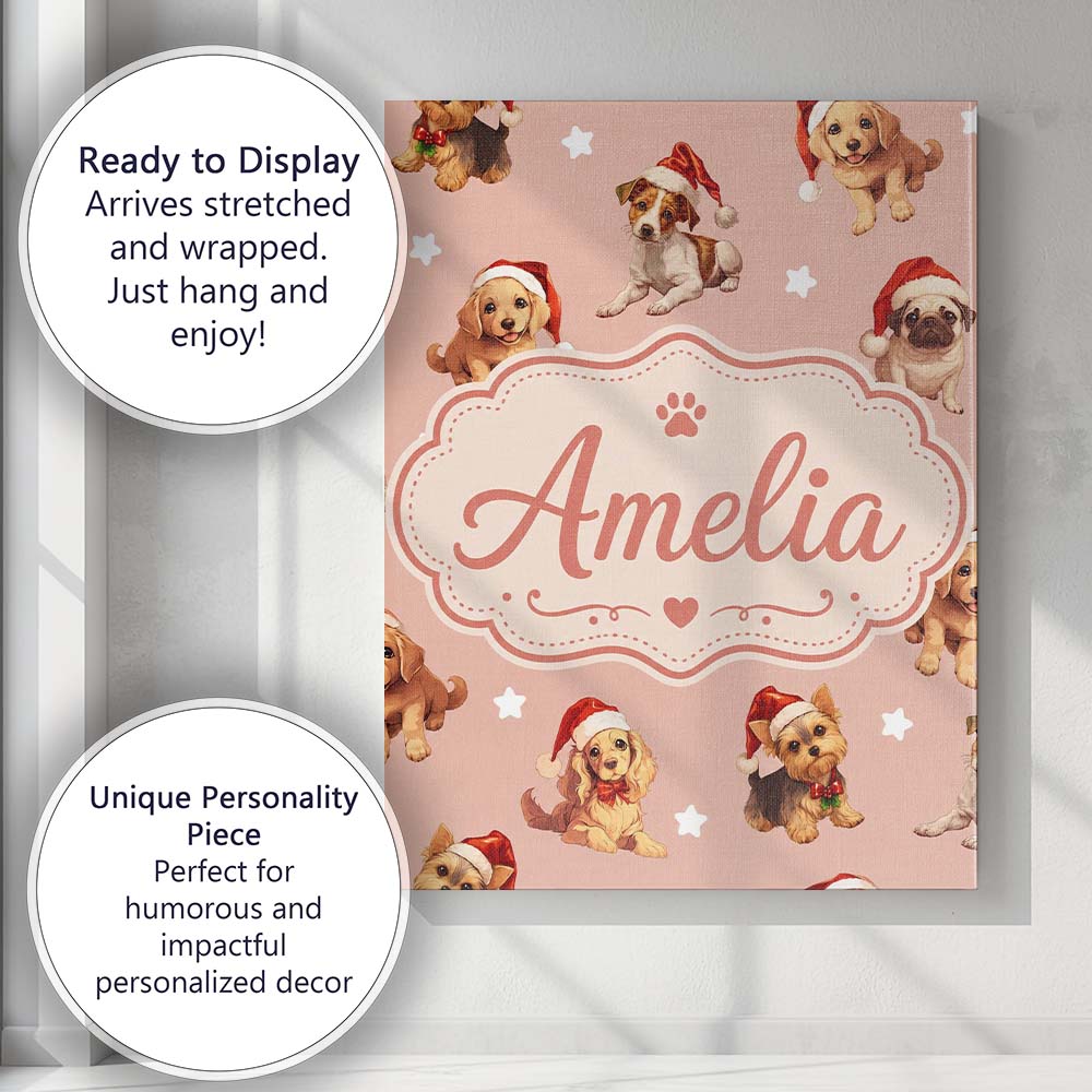 Personalised Name Cute Christmas Dogs Santa Custom Bespoke Interior Contemporary Canvas Wall Art Print Decor Picture Ready to Hang