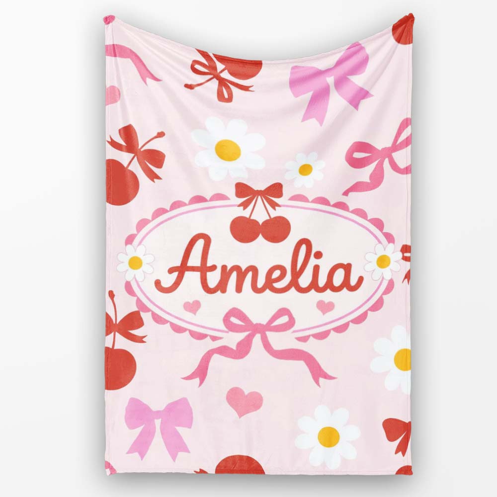 Cute Cherry Bow Daisy Heart Seamless Pattern on Pale Pink Background Personalised Custom Name Super Soft Fleece Blanket Bed Sofa Throw