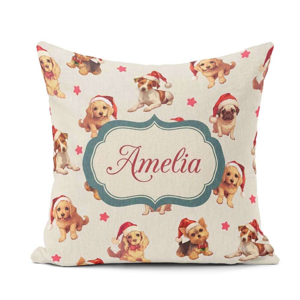 Custom Name Cute Christmas Dogs Santa Hat Cream Star Background Square Filled Cushion Throw Pillow Sofa Bed Home Decor Zip Washable UK Made