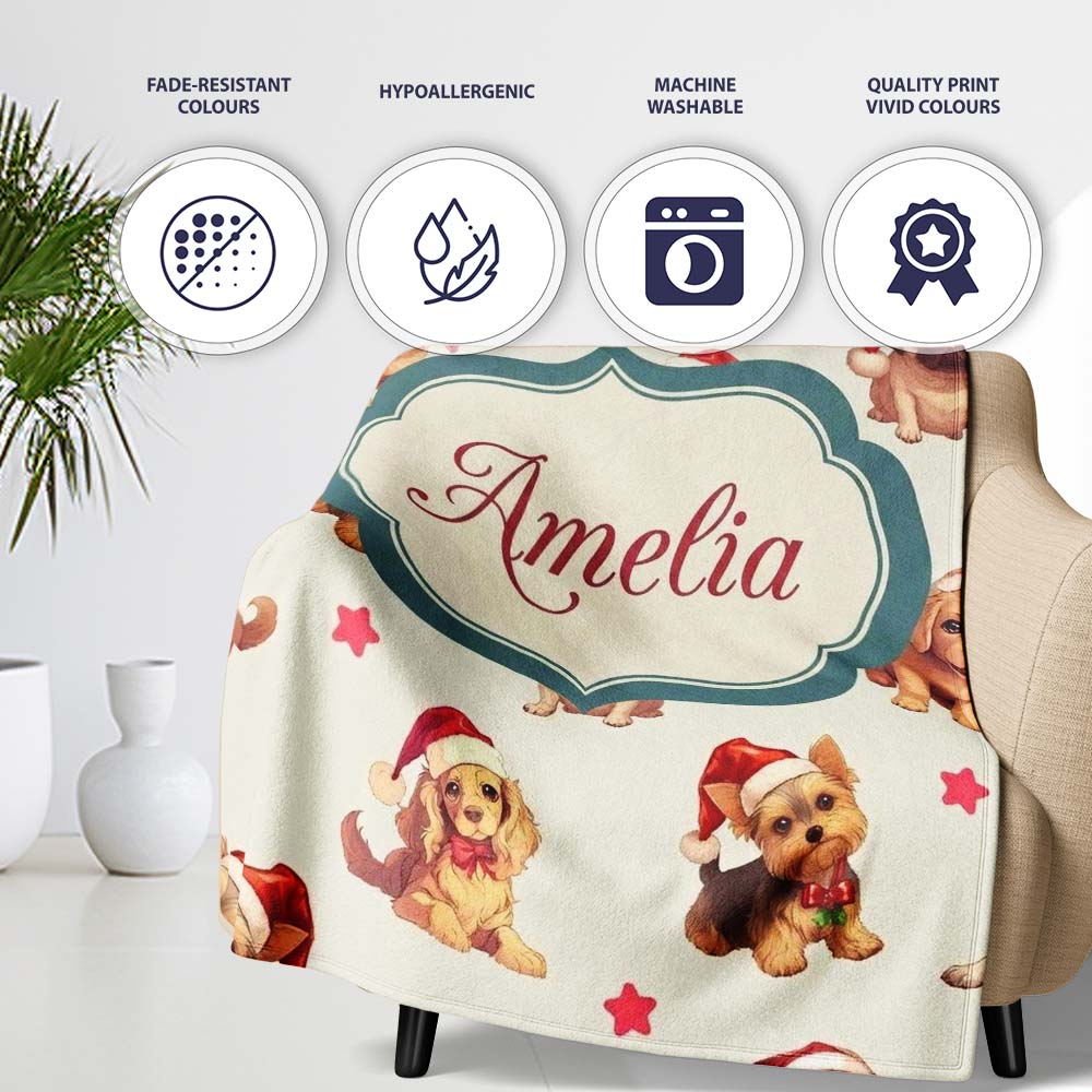 Cute Christmas Dogs Santa Hat Cream Star Background Seamless Personalised Custom Name Super Soft Fleece Blanket Bed Sofa Throw