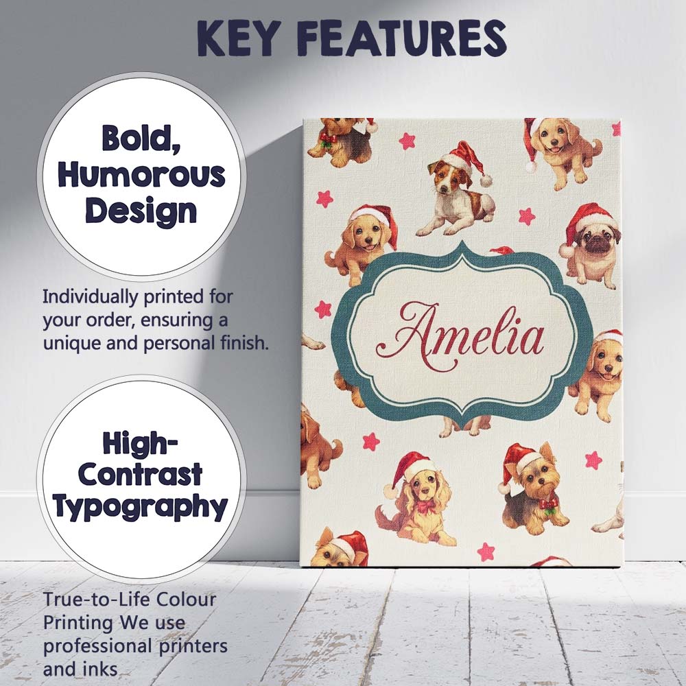 Personalised Name Cute Christmas Dogs Santa Custom Bespoke Interior Contemporary Canvas Wall Art Print Decor Picture Ready to Hang