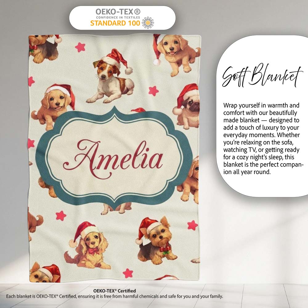 Cute Christmas Dogs Santa Hat Cream Star Background Seamless Personalised Custom Name Super Soft Fleece Blanket Bed Sofa Throw