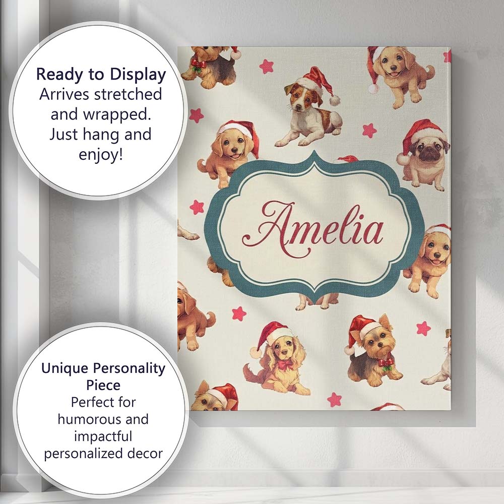 Personalised Name Cute Christmas Dogs Santa Custom Bespoke Interior Contemporary Canvas Wall Art Print Decor Picture Ready to Hang