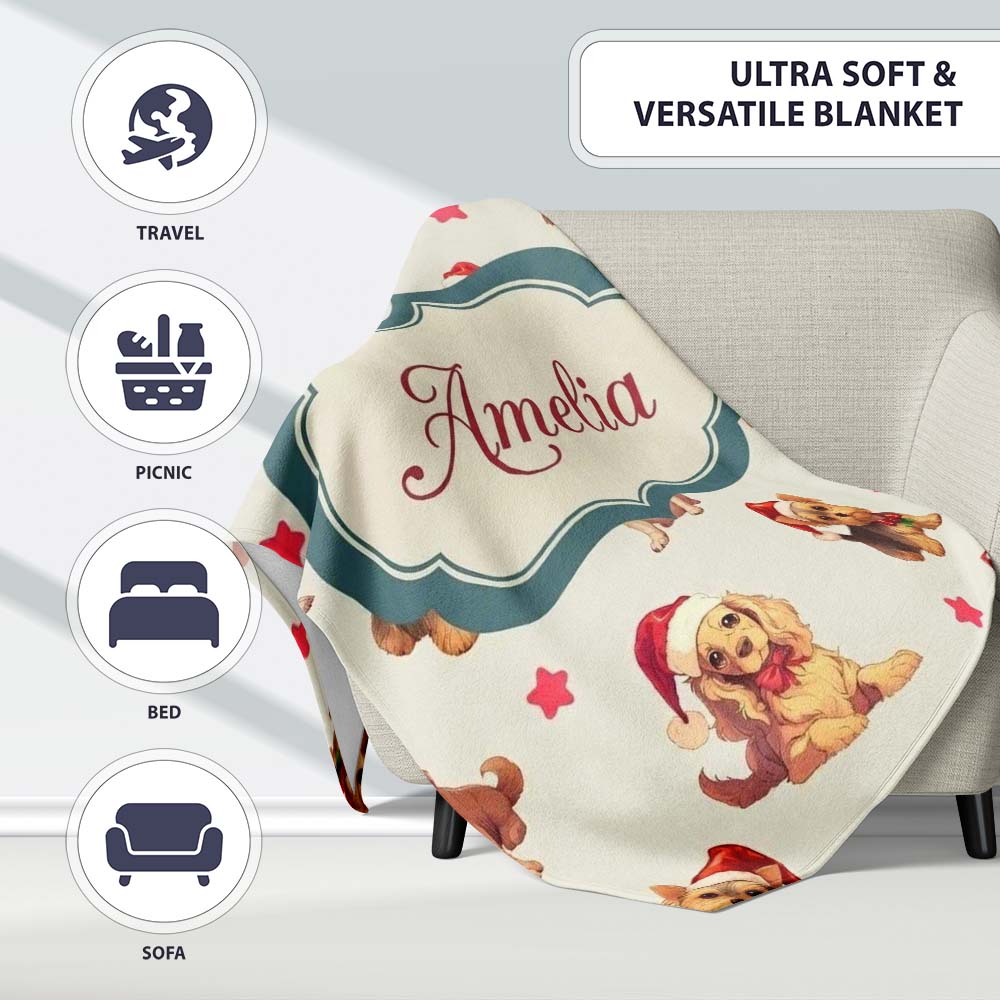 Cute Christmas Dogs Santa Hat Cream Star Background Seamless Personalised Custom Name Super Soft Fleece Blanket Bed Sofa Throw