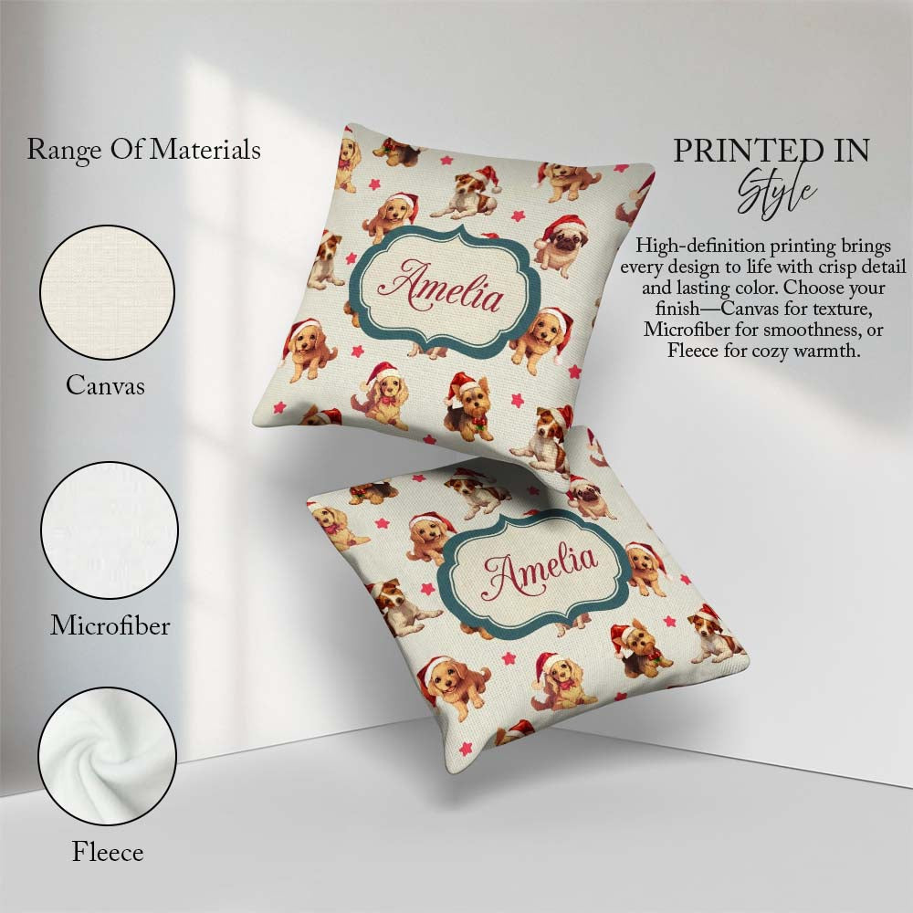 Custom Name Cute Christmas Dogs Santa Hat Cream Star Background Square Filled Cushion Throw Pillow Sofa Bed Home Decor Zip Washable UK Made
