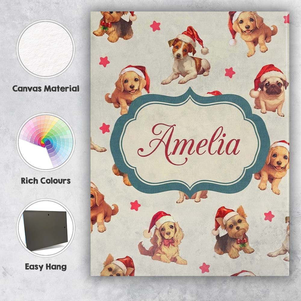 Personalised Name Cute Christmas Dogs Santa Custom Bespoke Interior Contemporary Canvas Wall Art Print Decor Picture Ready to Hang