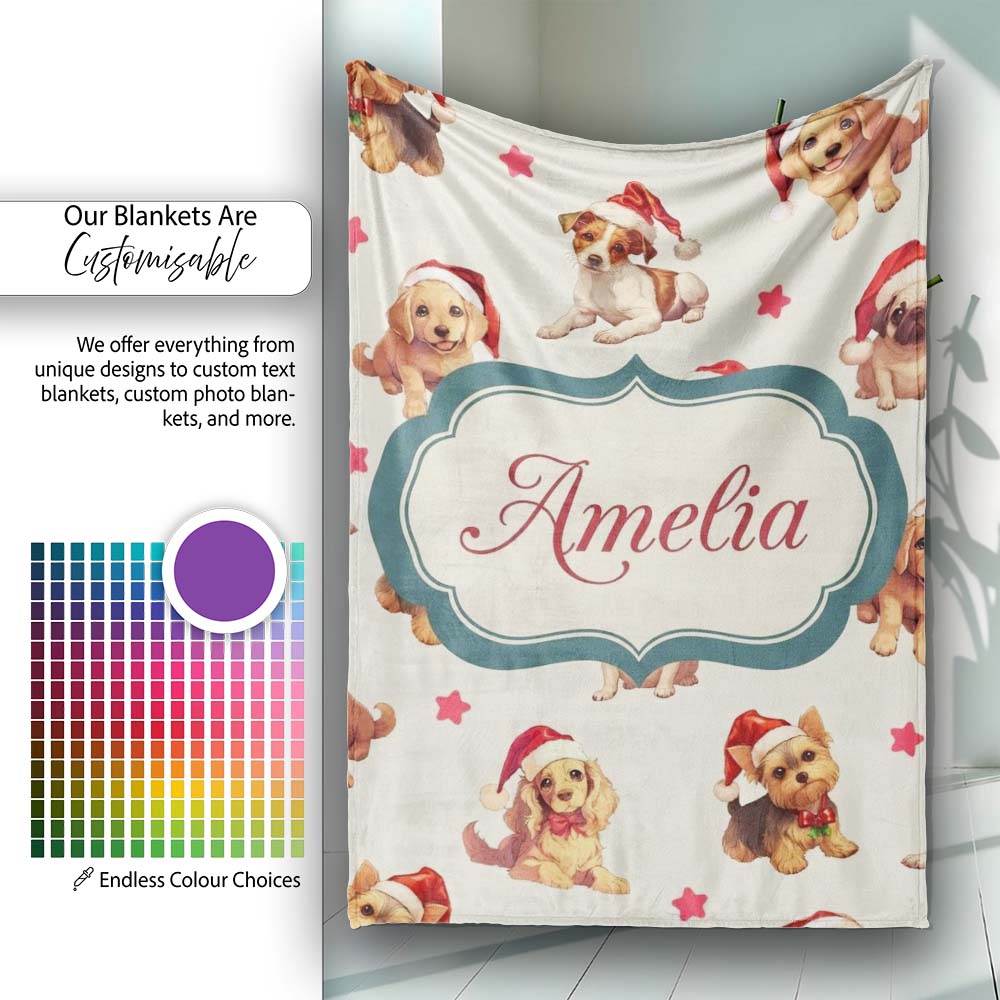 Cute Christmas Dogs Santa Hat Cream Star Background Seamless Personalised Custom Name Super Soft Fleece Blanket Bed Sofa Throw