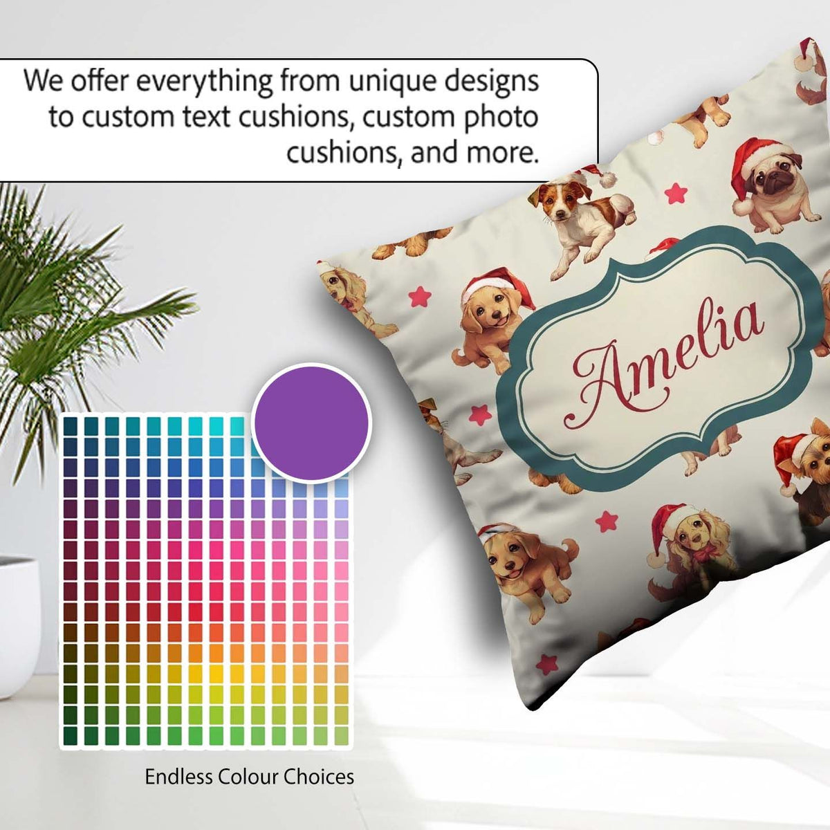 Custom Name Cute Christmas Dogs Santa Hat Cream Star Background Square Filled Cushion Throw Pillow Sofa Bed Home Decor Zip Washable UK Made