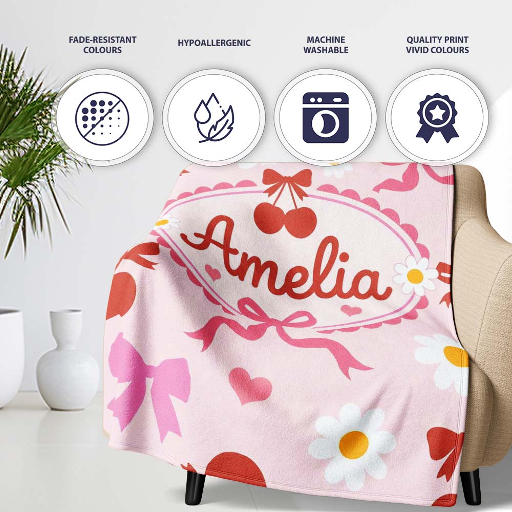 Cute Cherry Bow Daisy Heart Seamless Pattern on Pale Pink Background Personalised Custom Name Super Soft Fleece Blanket Bed Sofa Throw