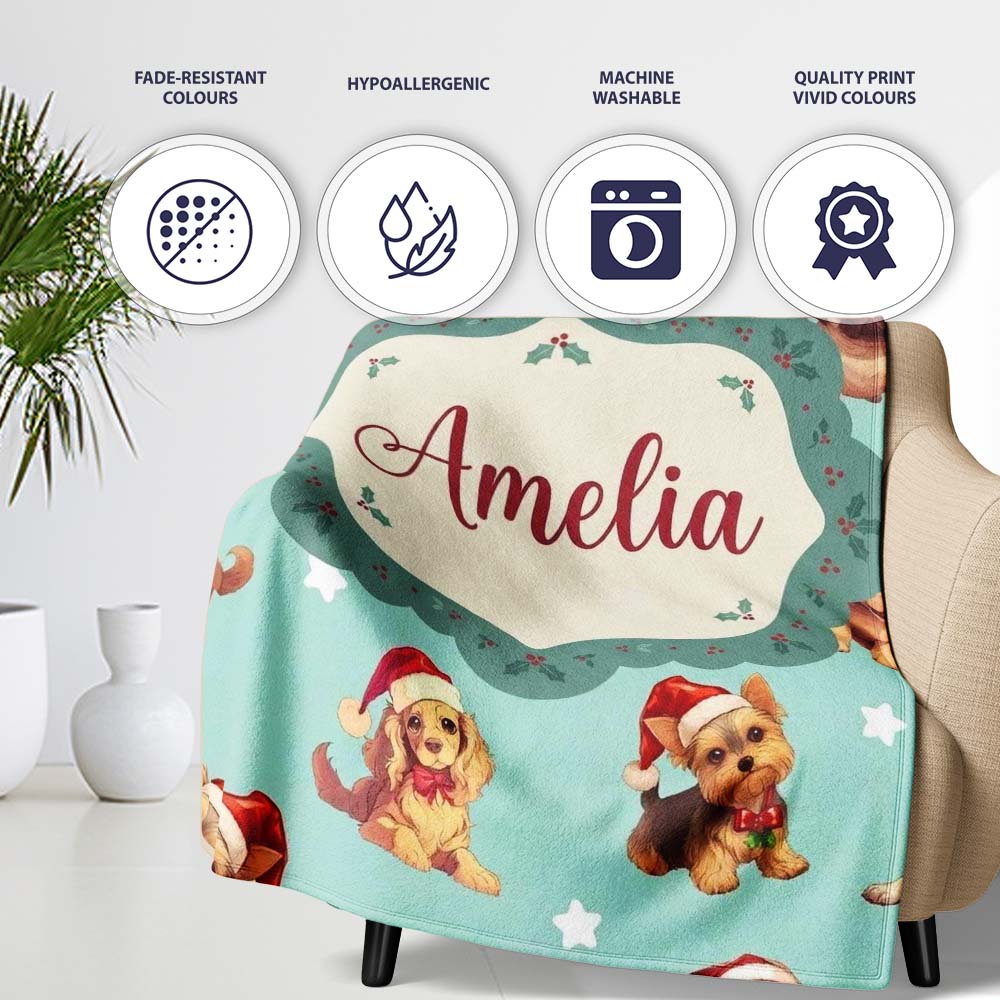 Cute Christmas Dogs Santa Hat Teal Star Background Seamless Pattern Personalised Custom Name Super Soft Fleece Blanket Bed Sofa Throw