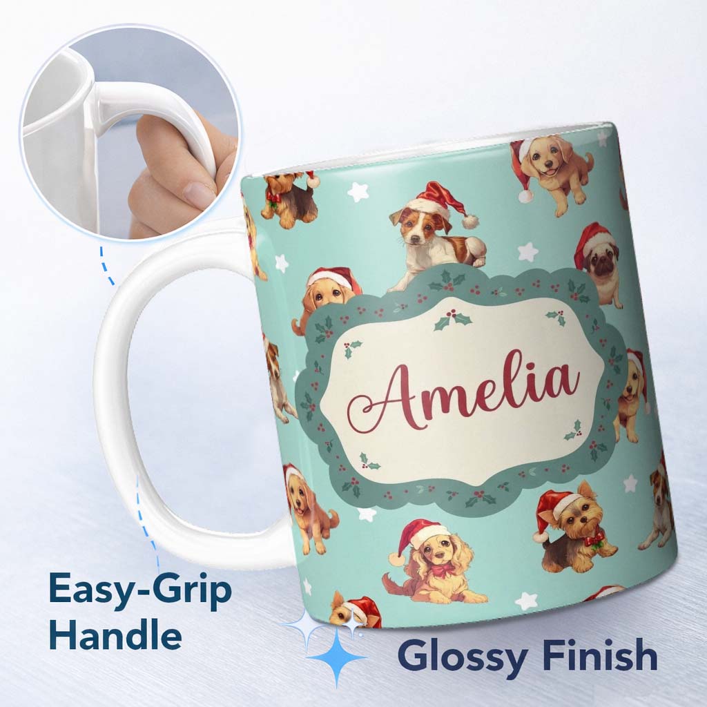 Personalized Custom Name Cute Christmas Dogs Santa Hat Teal Star Background Seamless Pattern 11oz Ceramic Coffee Tea Mug White Large Handle