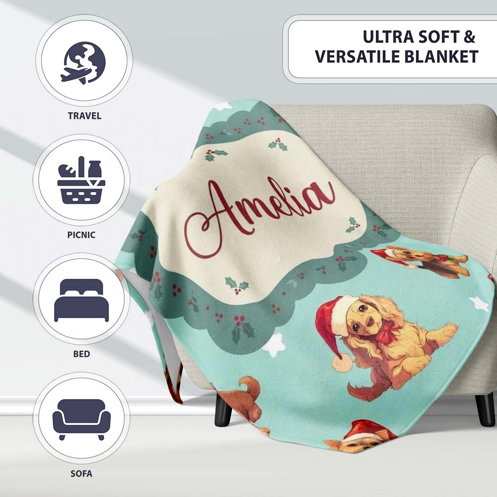 Cute Christmas Dogs Santa Hat Teal Star Background Seamless Pattern Personalised Custom Name Super Soft Fleece Blanket Bed Sofa Throw