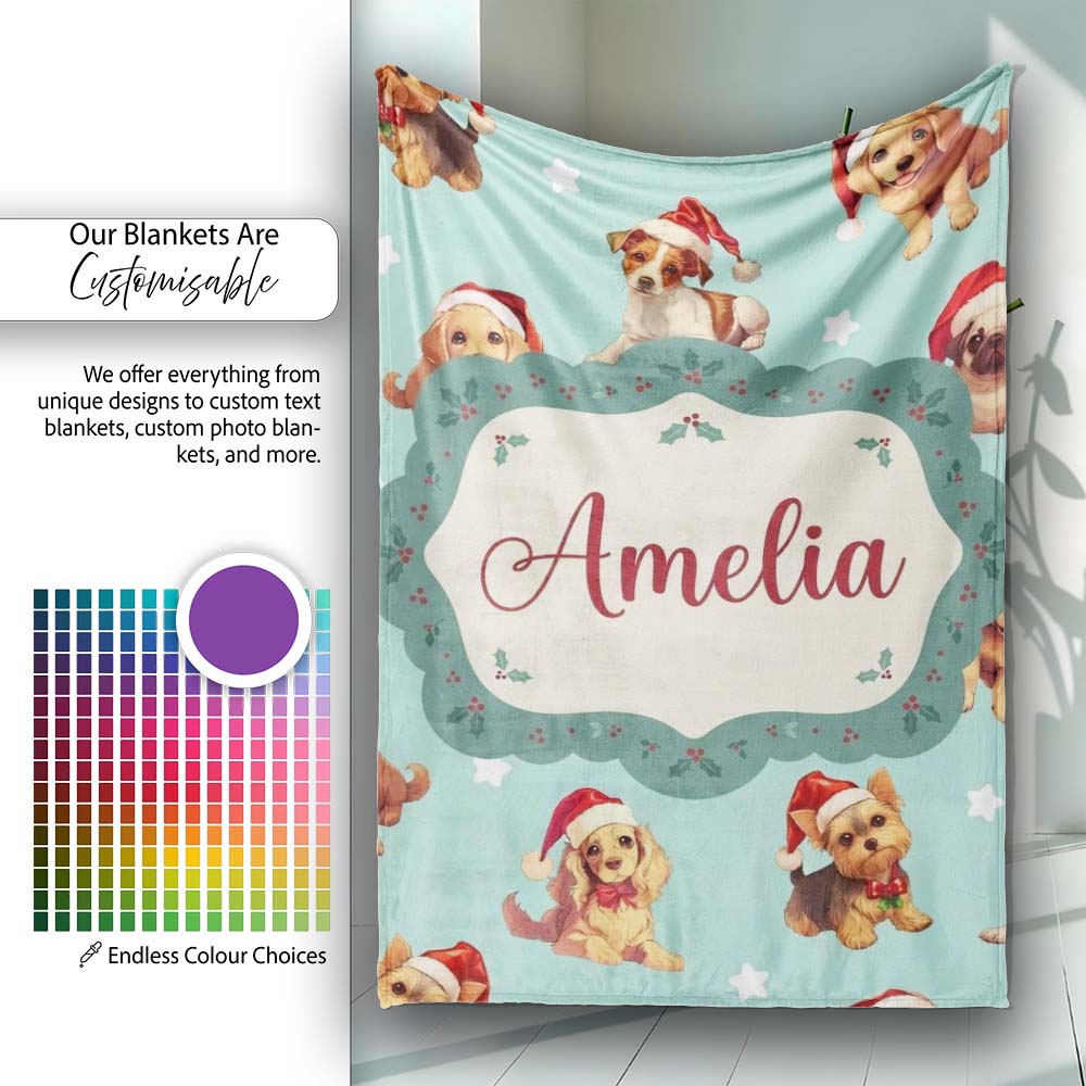 Cute Christmas Dogs Santa Hat Teal Star Background Seamless Pattern Personalised Custom Name Super Soft Fleece Blanket Bed Sofa Throw