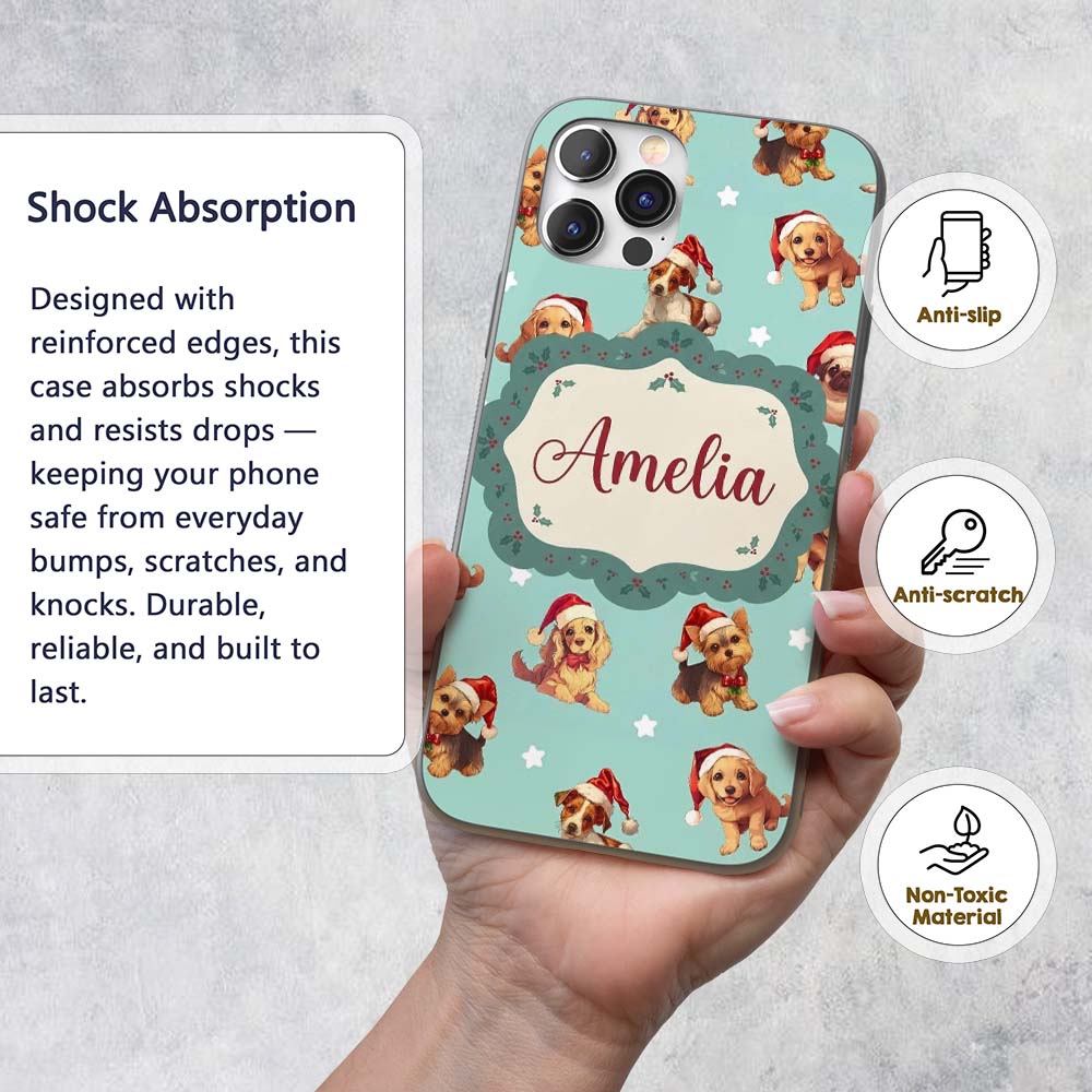 Cute Christmas Dogs Santa Hat Teal Printed Design Custom Name Protective Phone Case Mobile Cover Durable Everyday Smartphone Shock Resistant