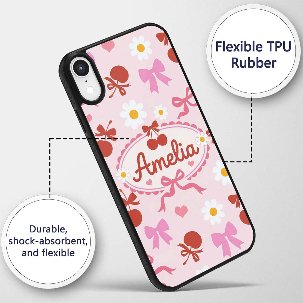 Cute Cherry Bow Daisy Heart Seamless Pattern on Custom Name Protective Phone Case Mobile Cover Durable Everyday Smartphone Shock Resistant