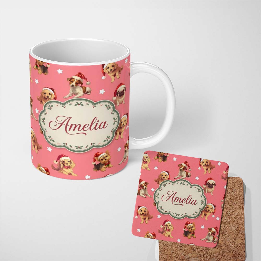 Personalized Custom Name Cute Christmas Dogs Santa Hat Coral Pink Background Seamless 11oz Ceramic Coffee Tea Mug White Large Handle