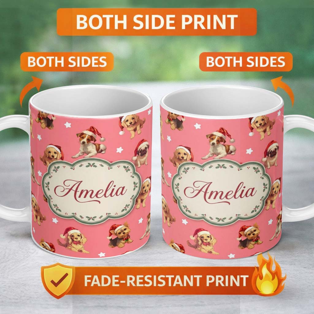 Personalized Custom Name Cute Christmas Dogs Santa Hat Coral Pink Background Seamless 11oz Ceramic Coffee Tea Mug White Large Handle