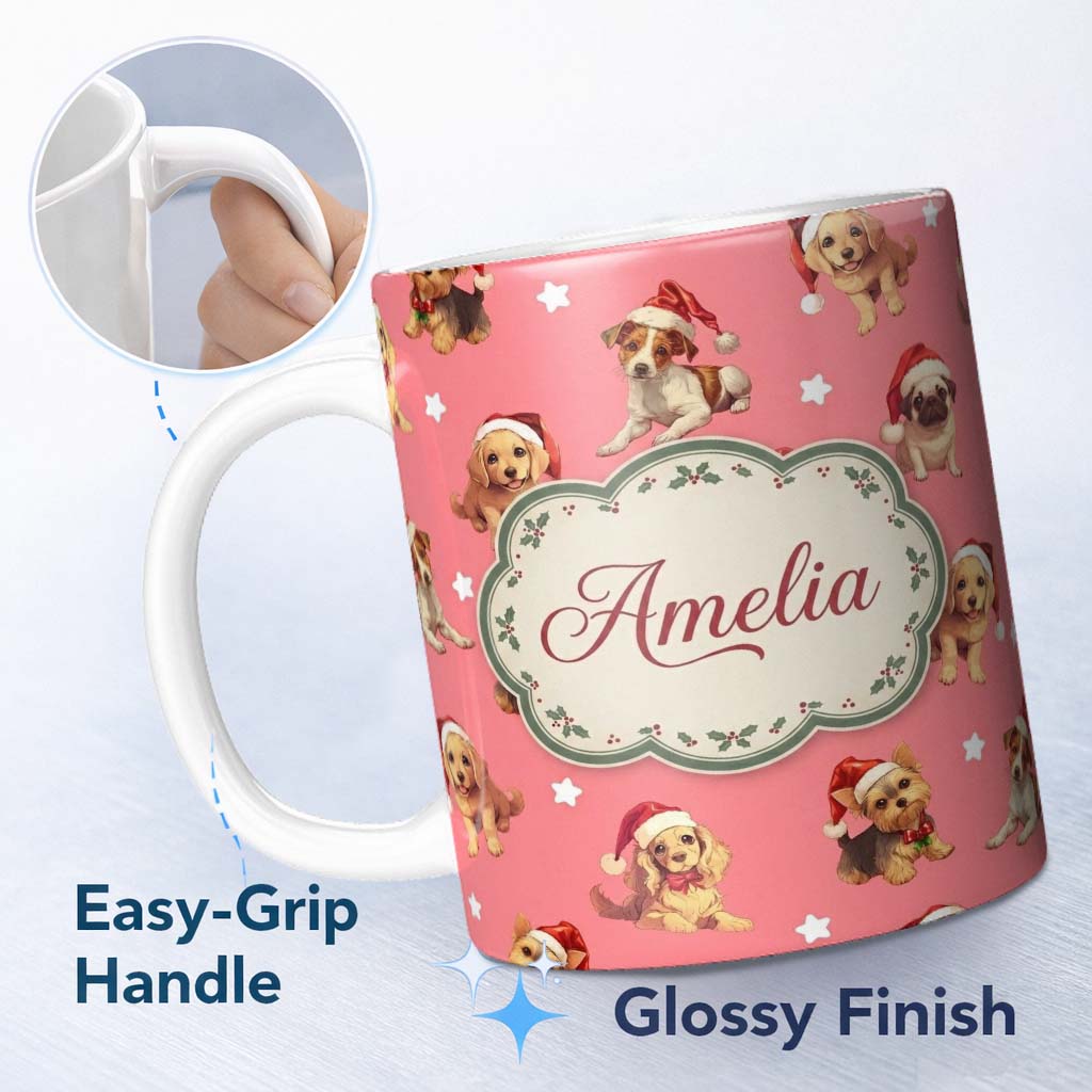 Personalized Custom Name Cute Christmas Dogs Santa Hat Coral Pink Background Seamless 11oz Ceramic Coffee Tea Mug White Large Handle