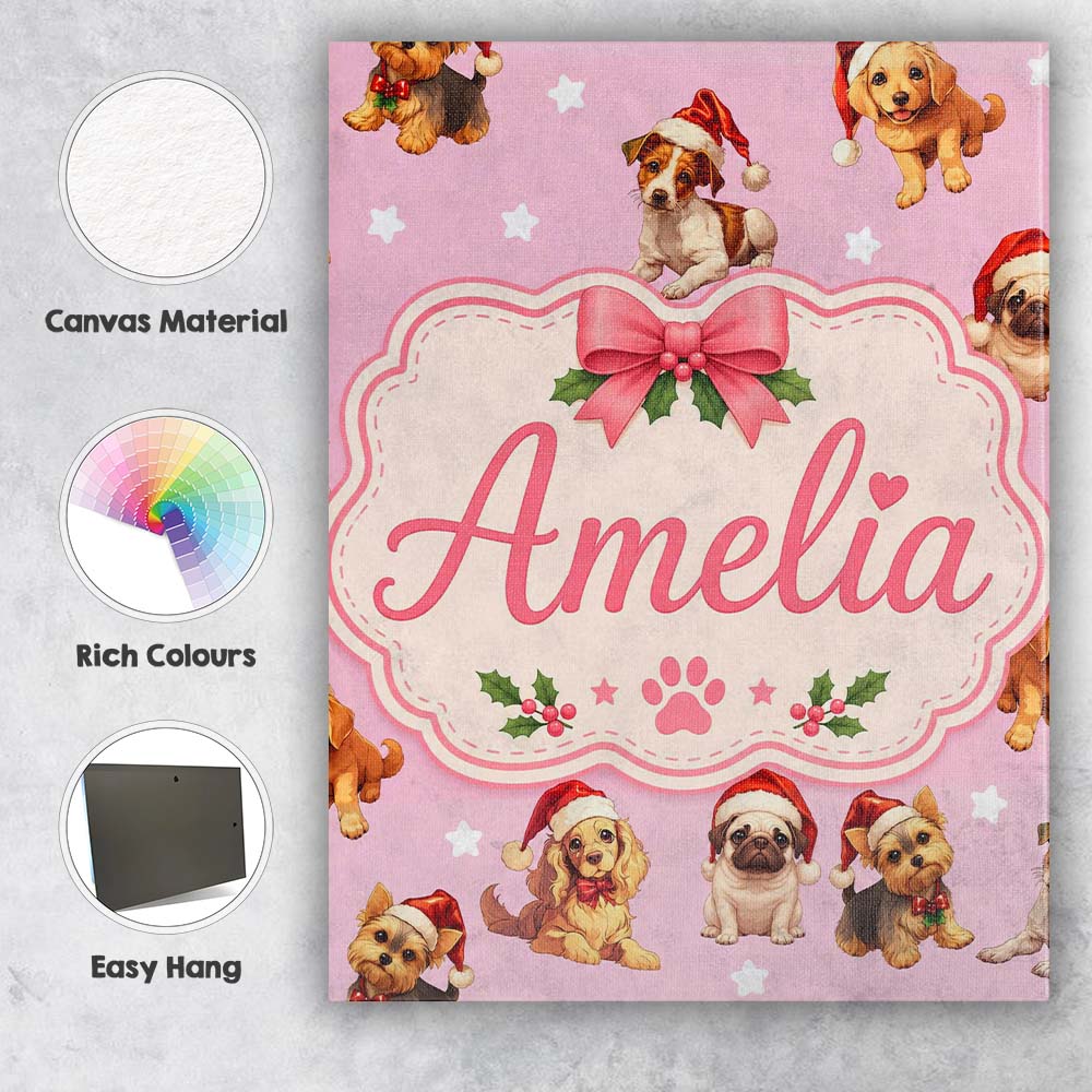 Personalised Name Cute Christmas Dogs Santa Custom Bespoke Interior Contemporary Canvas Wall Art Print Decor Picture Ready to Hang