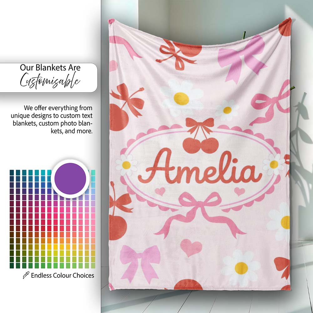 Cute Cherry Bow Daisy Heart Seamless Pattern on Pale Pink Background Personalised Custom Name Super Soft Fleece Blanket Bed Sofa Throw