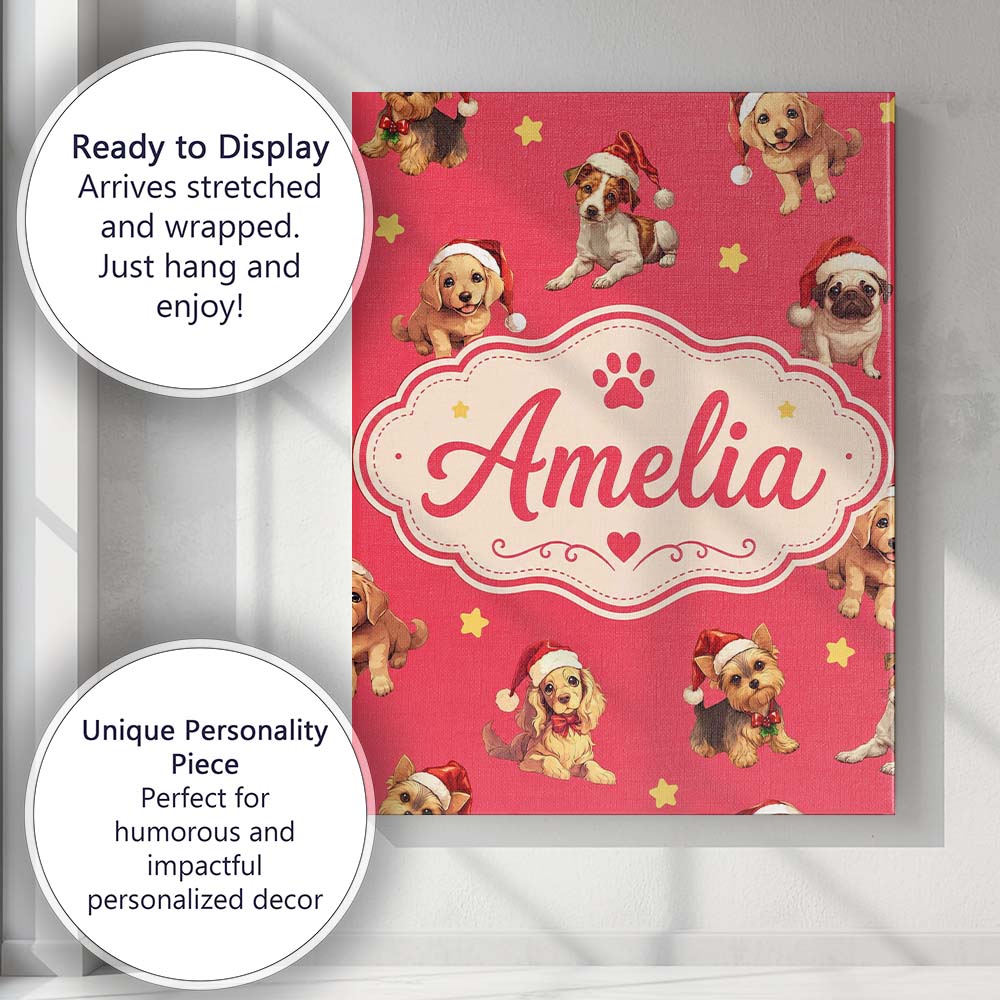 Personalised Name Cute Christmas Dogs Santa Custom Bespoke Interior Contemporary Canvas Wall Art Print Decor Picture Ready to Hang