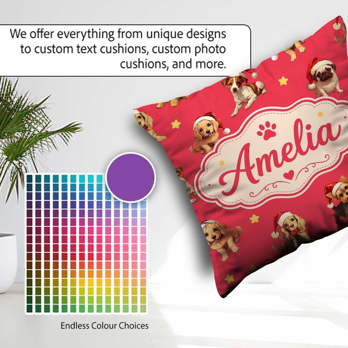 Custom Name Christmas Dogs Santa Hat Red Star Background Pattern Square Filled Cushion Throw Pillow Sofa Bed Home Decor Zip Washable UK Made