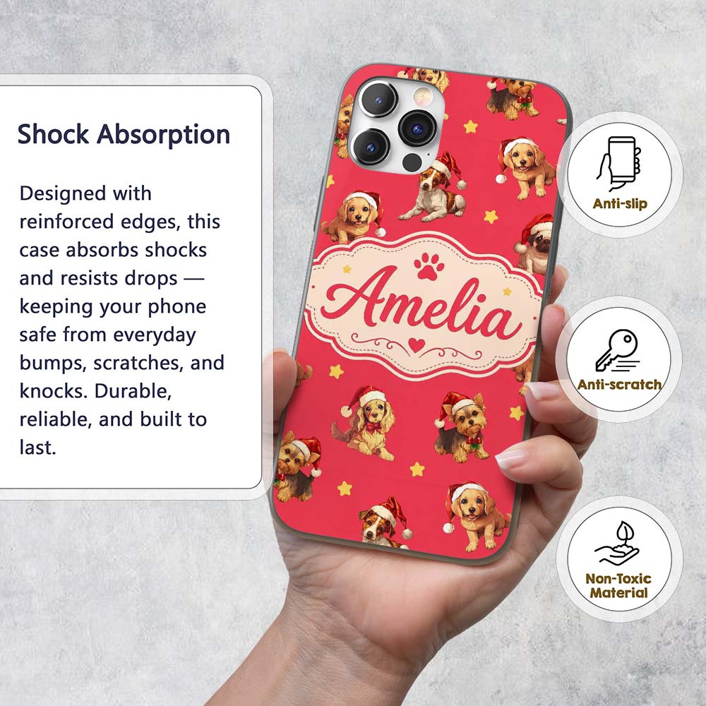 Cute Christmas Dogs Santa Hat Red Star Background Custom Name Protective Phone Case Mobile Cover Durable Everyday Smartphone Shock Resistant