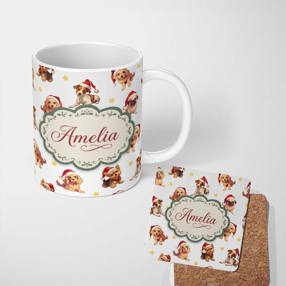 Personalized Custom Name Cute Christmas Dogs Santa Hat Grey Star Background Seamless Pattern 11oz Ceramic Coffee Tea Mug White Large Handle