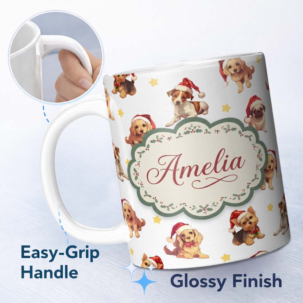 Personalized Custom Name Cute Christmas Dogs Santa Hat Grey Star Background Seamless Pattern 11oz Ceramic Coffee Tea Mug White Large Handle