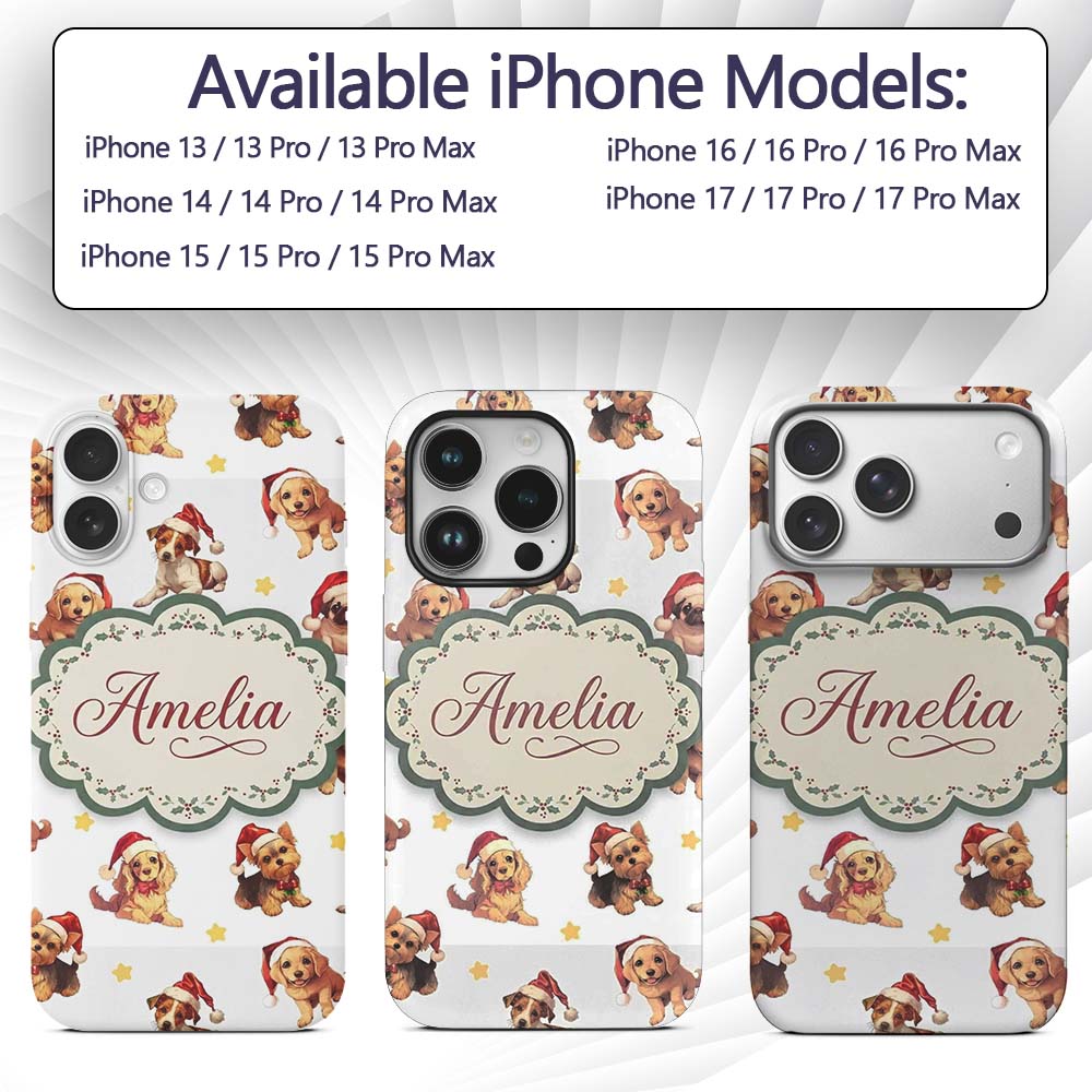 Cute Christmas Dogs Santa Hat Grey Printed Design Custom Name Protective Phone Case Mobile Cover Durable Everyday Smartphone Shock Resistant
