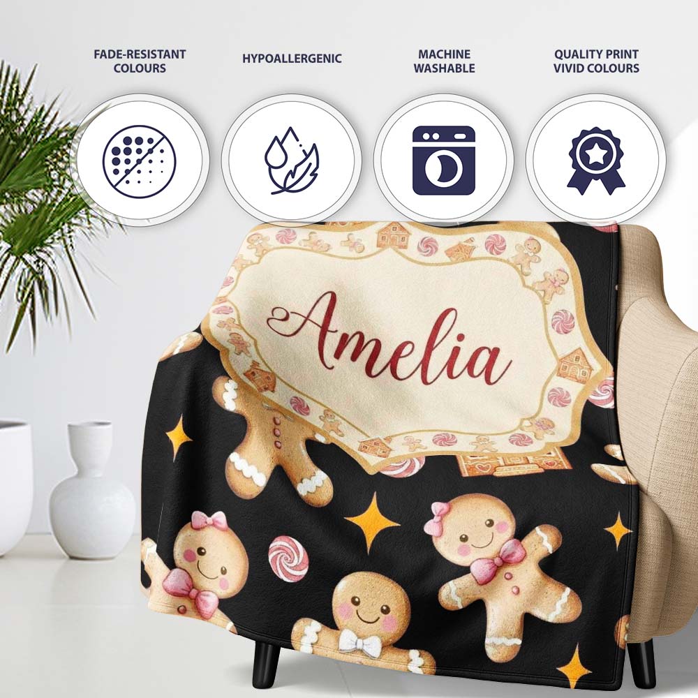 Cute Gingerbread Cookies Candy House Black Seamless Pattern Name Personalised Custom Name Super Soft Fleece Blanket Bed Sofa Throw