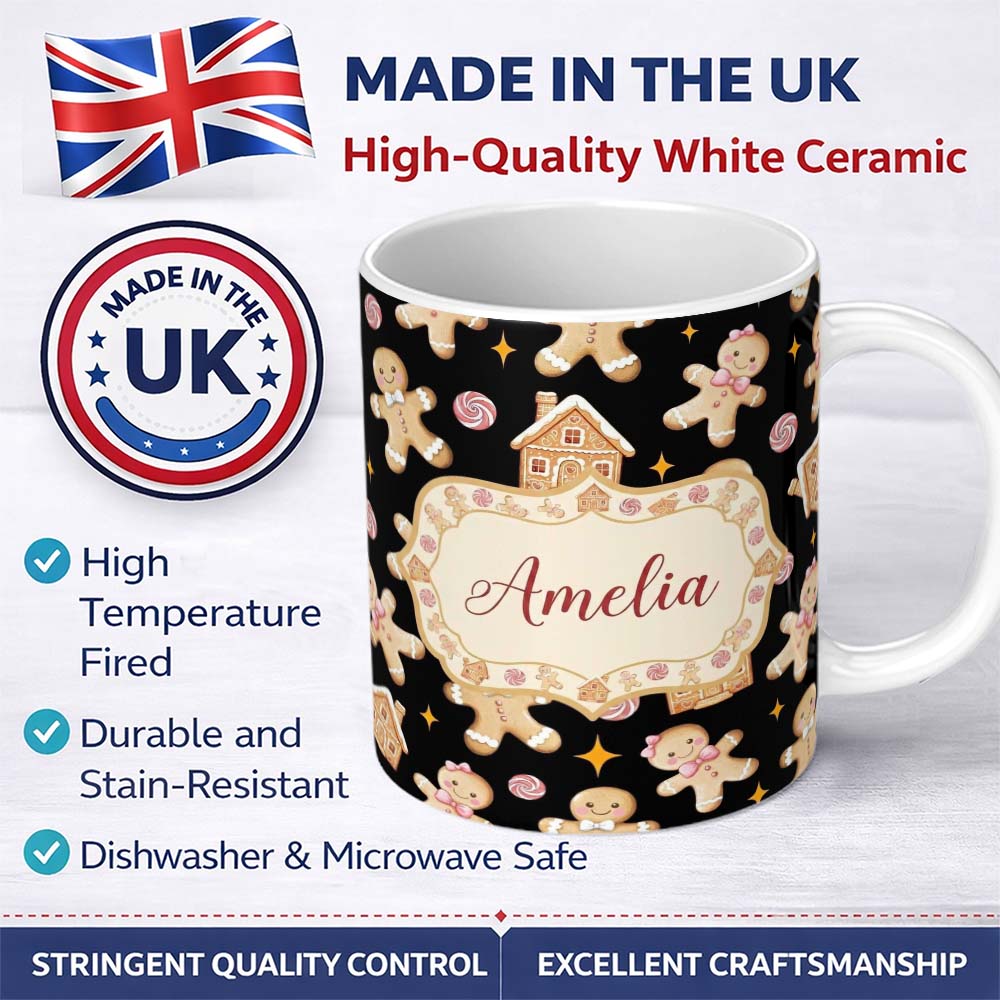 Personalized Custom Name Cute Gingerbread Cookies Candy House Black Seamless Pattern Name 11oz Ceramic Coffee Tea Mug White Large Handle