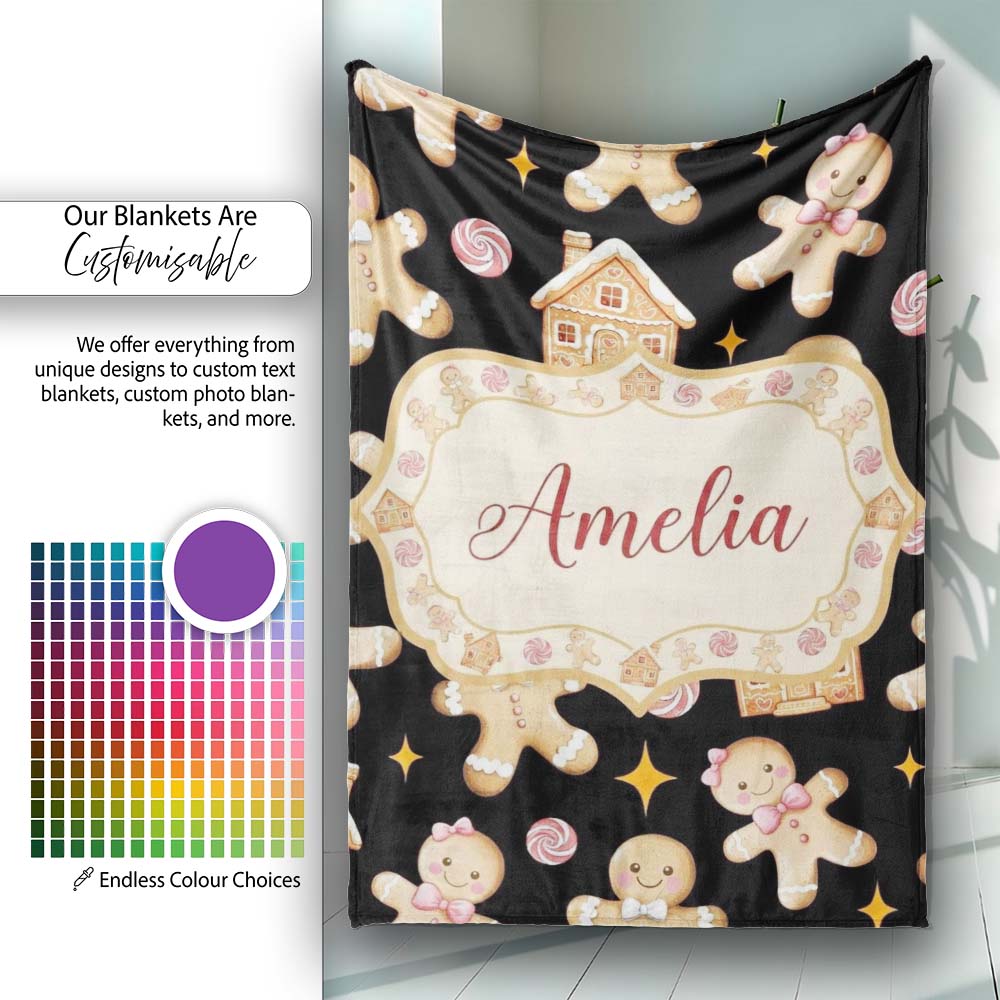 Cute Gingerbread Cookies Candy House Black Seamless Pattern Name Personalised Custom Name Super Soft Fleece Blanket Bed Sofa Throw