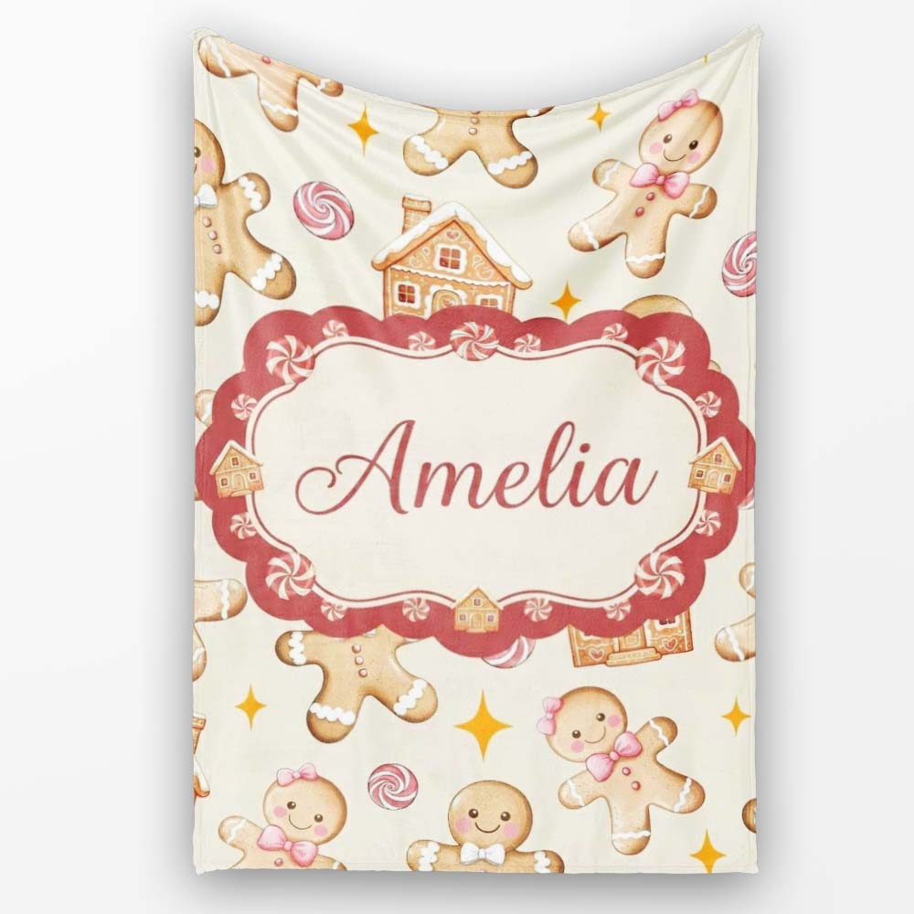 Cute Gingerbread Cookies Candy House Cream Background Seamless Personalised Custom Name Super Soft Fleece Blanket Bed Sofa Throw