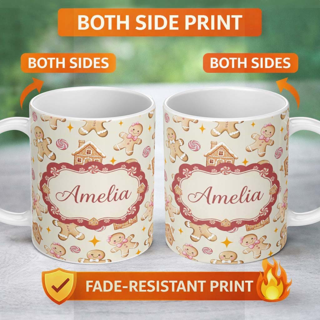 Personalized Custom Name Cute Gingerbread Cookies Candy House Cream Background Seamless 11oz Ceramic Coffee Tea Mug White Large Handle