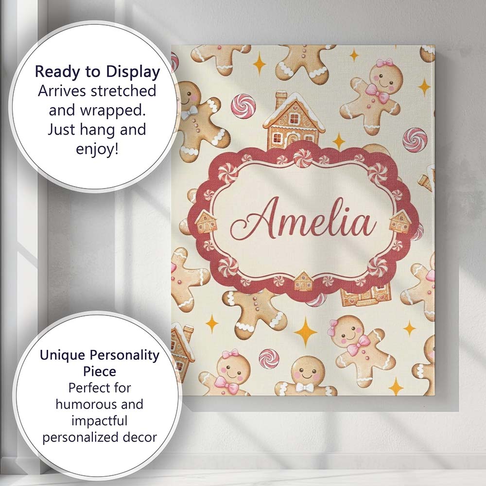 Personalised Name Cute Gingerbread Cookies Custom Unique Gift Idea Elegant Feature Canvas Wall Art Print Decor Picture Ready to Hang