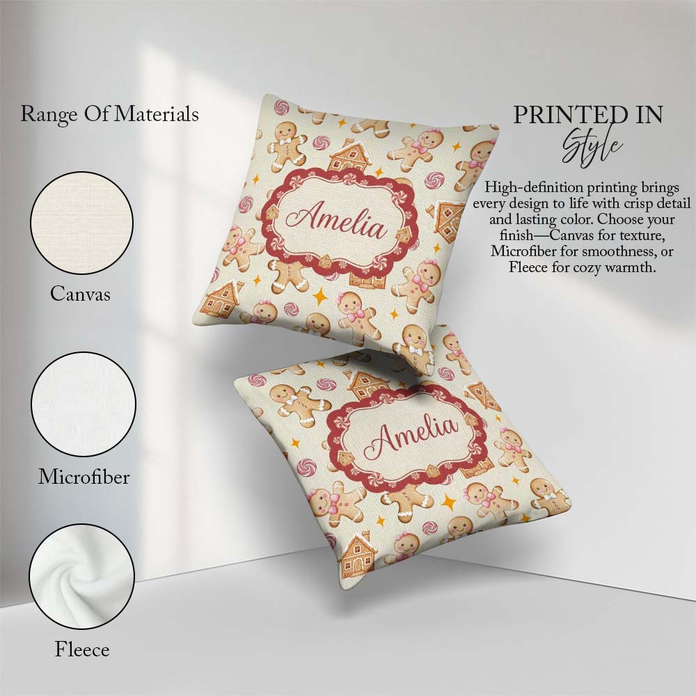 Custom Name Cute Gingerbread Cookies Candy House Cream Seamless Square Filled Cushion Throw Pillow Sofa Bed Home Decor Zip Washable UK Made