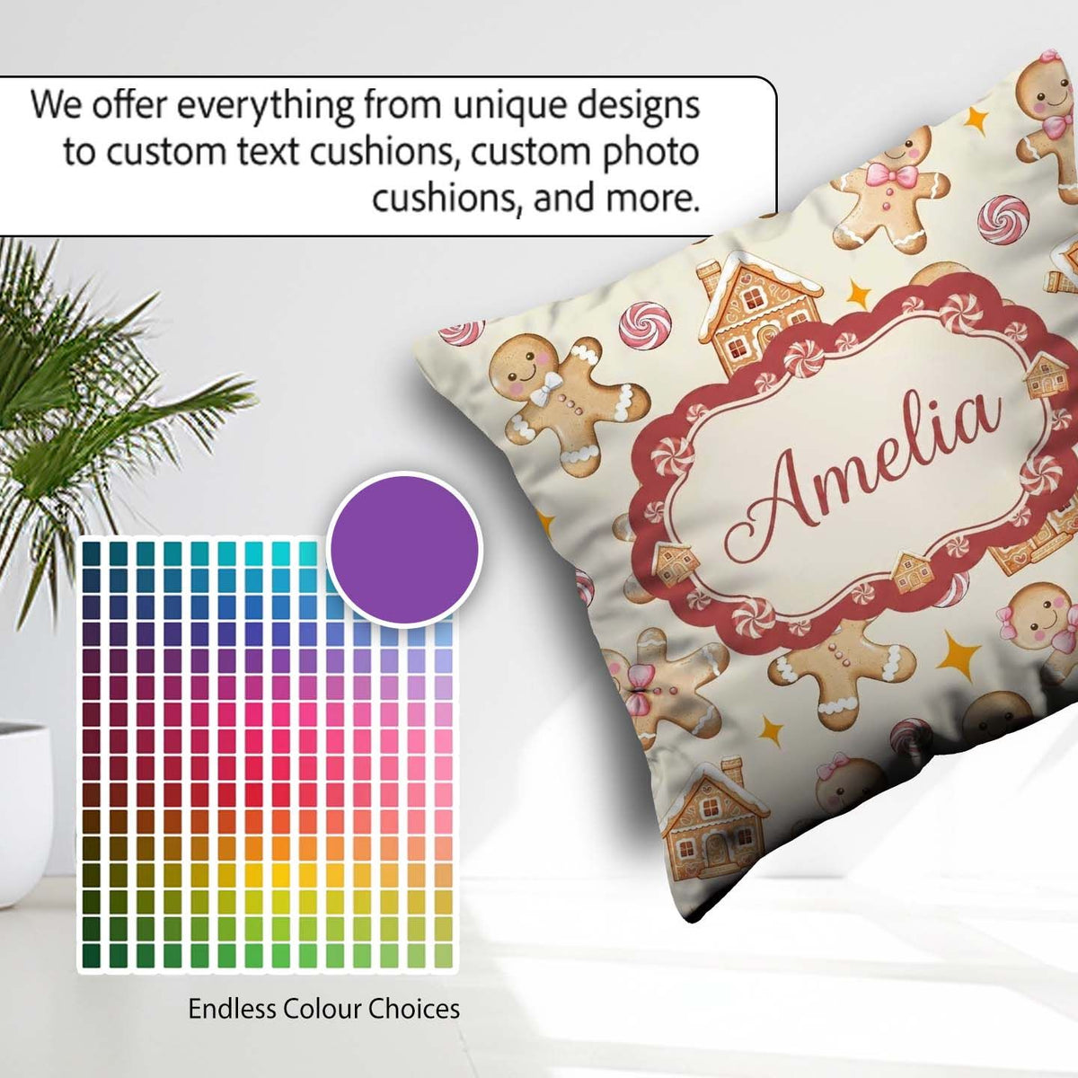 Custom Name Cute Gingerbread Cookies Candy House Cream Seamless Square Filled Cushion Throw Pillow Sofa Bed Home Decor Zip Washable UK Made