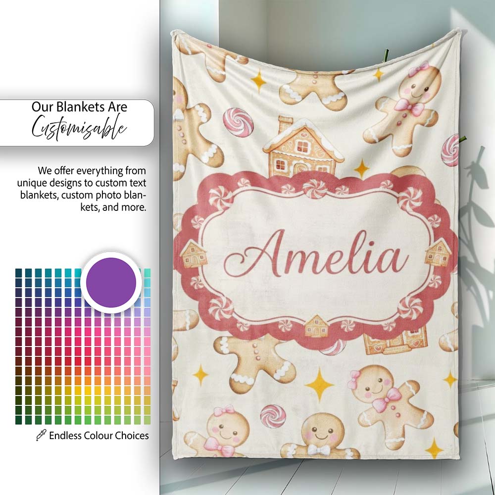 Cute Gingerbread Cookies Candy House Cream Background Seamless Personalised Custom Name Super Soft Fleece Blanket Bed Sofa Throw