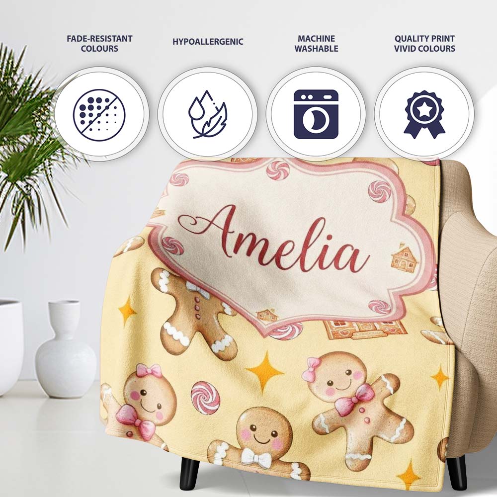 Cute Gingerbread Cookies Candy House Beige Background Seamless Personalised Custom Name Super Soft Fleece Blanket Bed Sofa Throw
