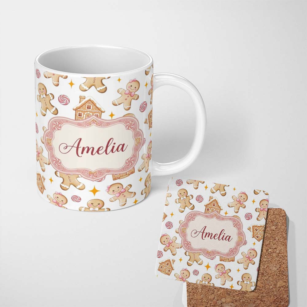 Personalized Custom Name Cute Gingerbread Cookies Candy House Light Grey Background Seamless 11oz Ceramic Coffee Tea Mug White Large Handle