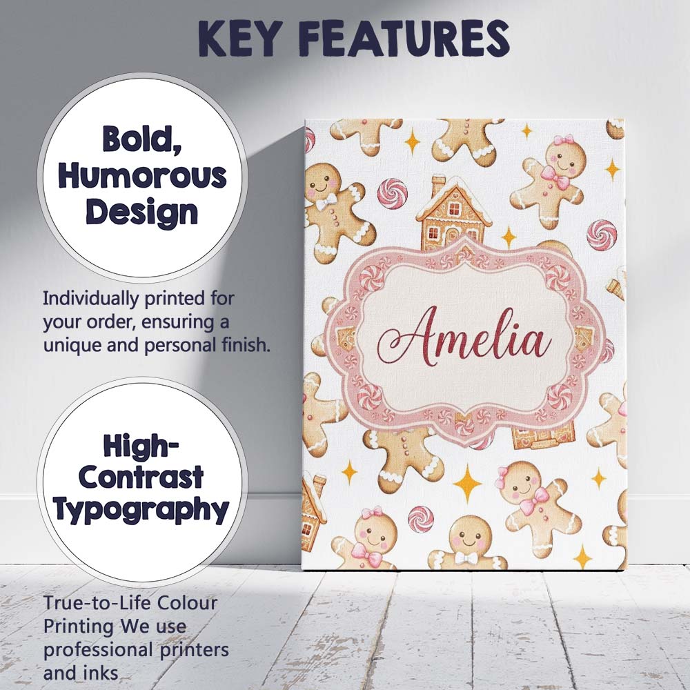 Personalised Name Cute Gingerbread Cookies Custom Unique Gift Idea Elegant Feature Canvas Wall Art Print Decor Picture Ready to Hang