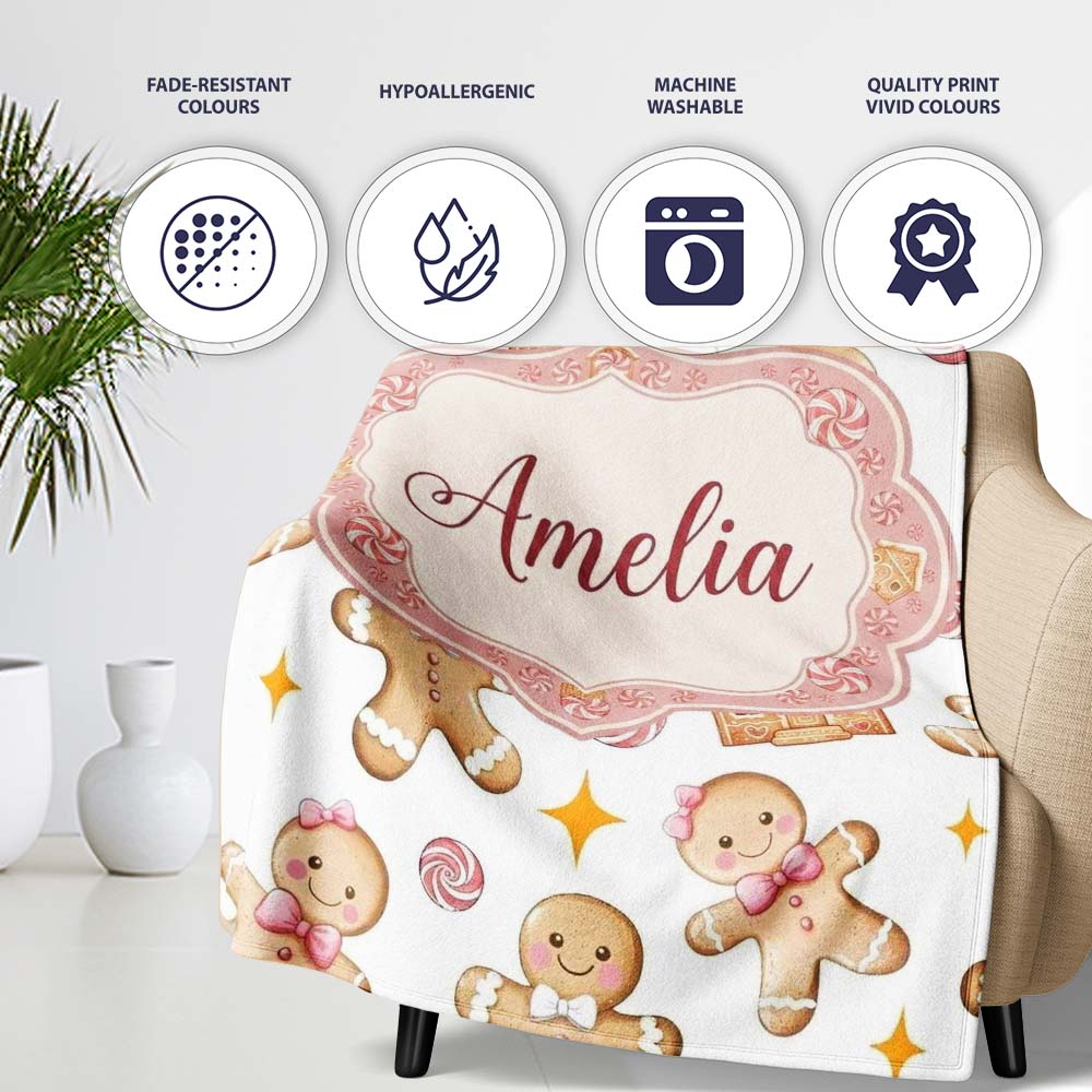 Cute Gingerbread Cookies Candy House Light Grey Background Seamless Personalised Custom Name Super Soft Fleece Blanket Bed Sofa Throw