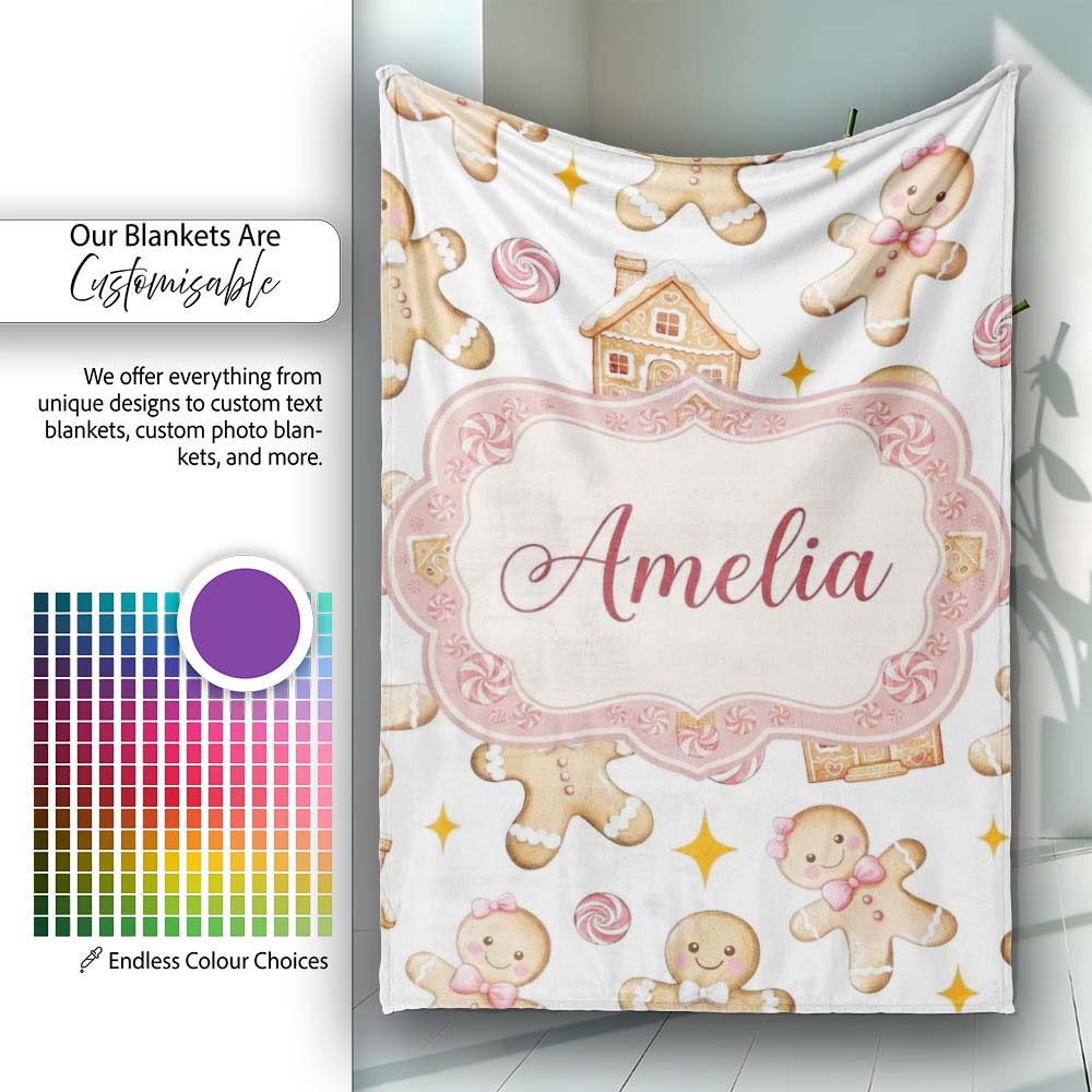 Cute Gingerbread Cookies Candy House Light Grey Background Seamless Personalised Custom Name Super Soft Fleece Blanket Bed Sofa Throw