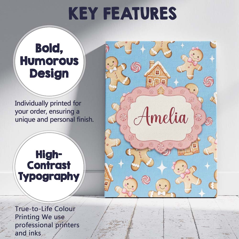Personalised Name Cute Gingerbread Cookies Custom Unique Gift Idea Elegant Feature Canvas Wall Art Print Decor Picture Ready to Hang