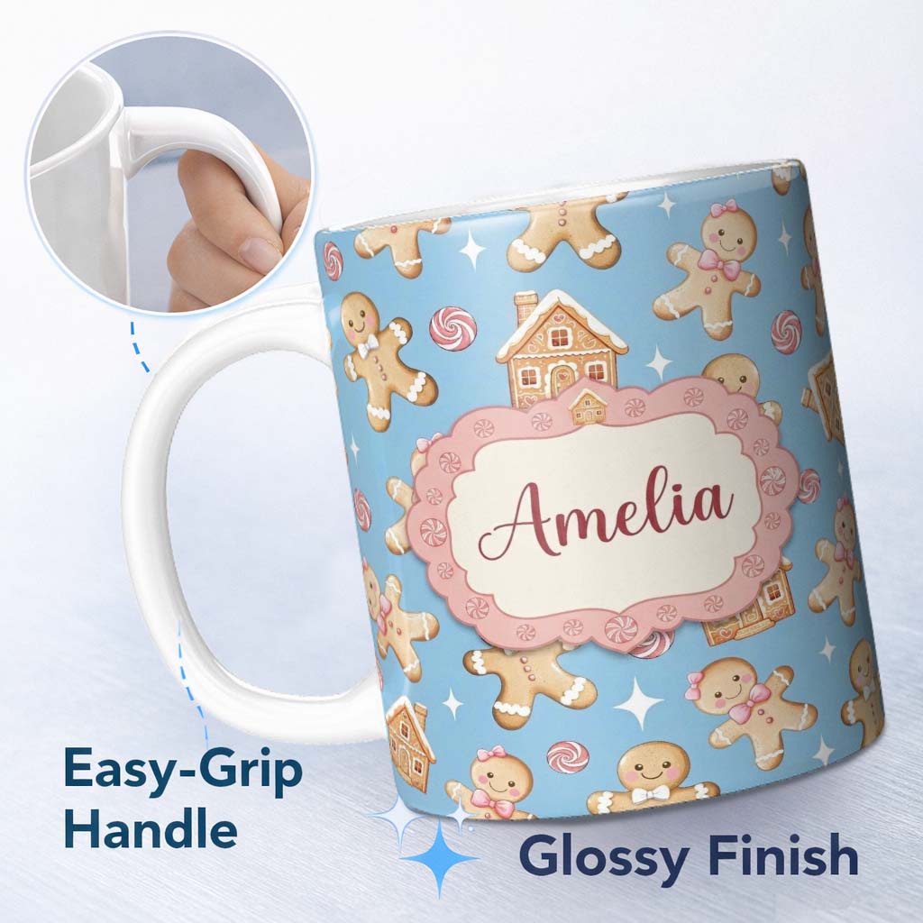 Personalized Custom Name Cute Gingerbread Cookies Candy House Blue Background Seamless 11oz Ceramic Coffee Tea Mug White Large Handle